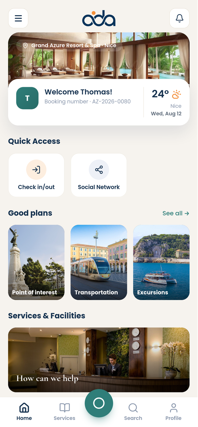The ODA guest app home screen: the stay, the room, and what is on today