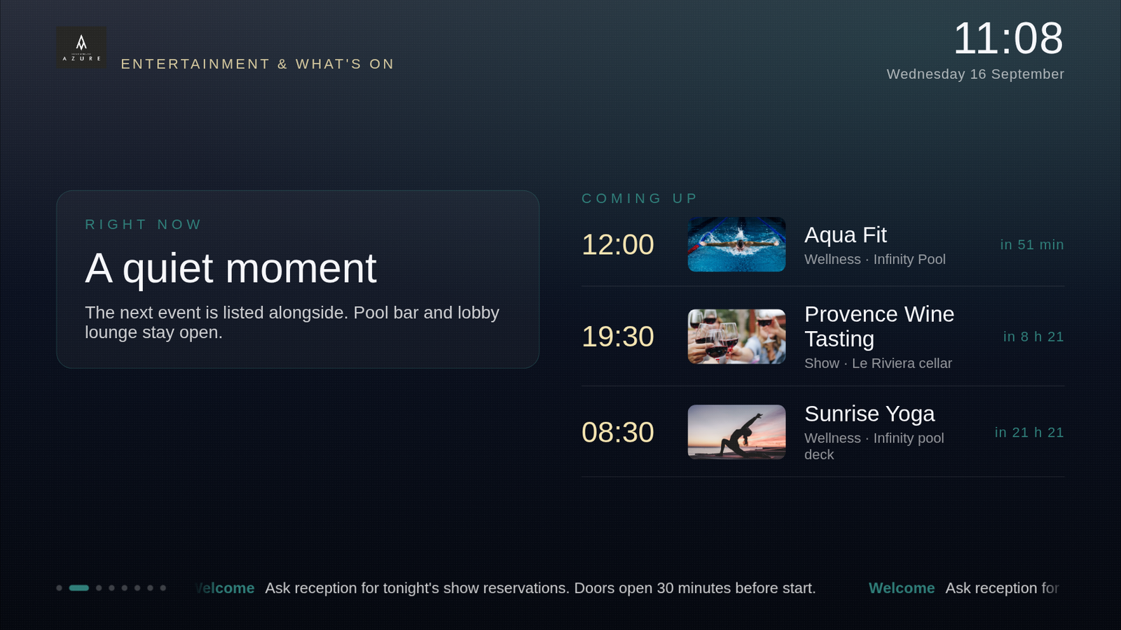 The ODA TV channel: Now & Next slide with the live event, the next three with countdowns, and the announcement ticker