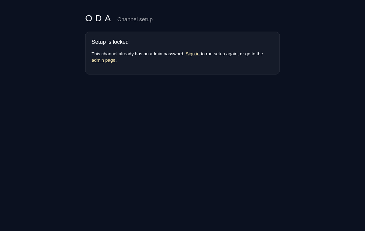 The ODA TV channel setup wizard in a browser